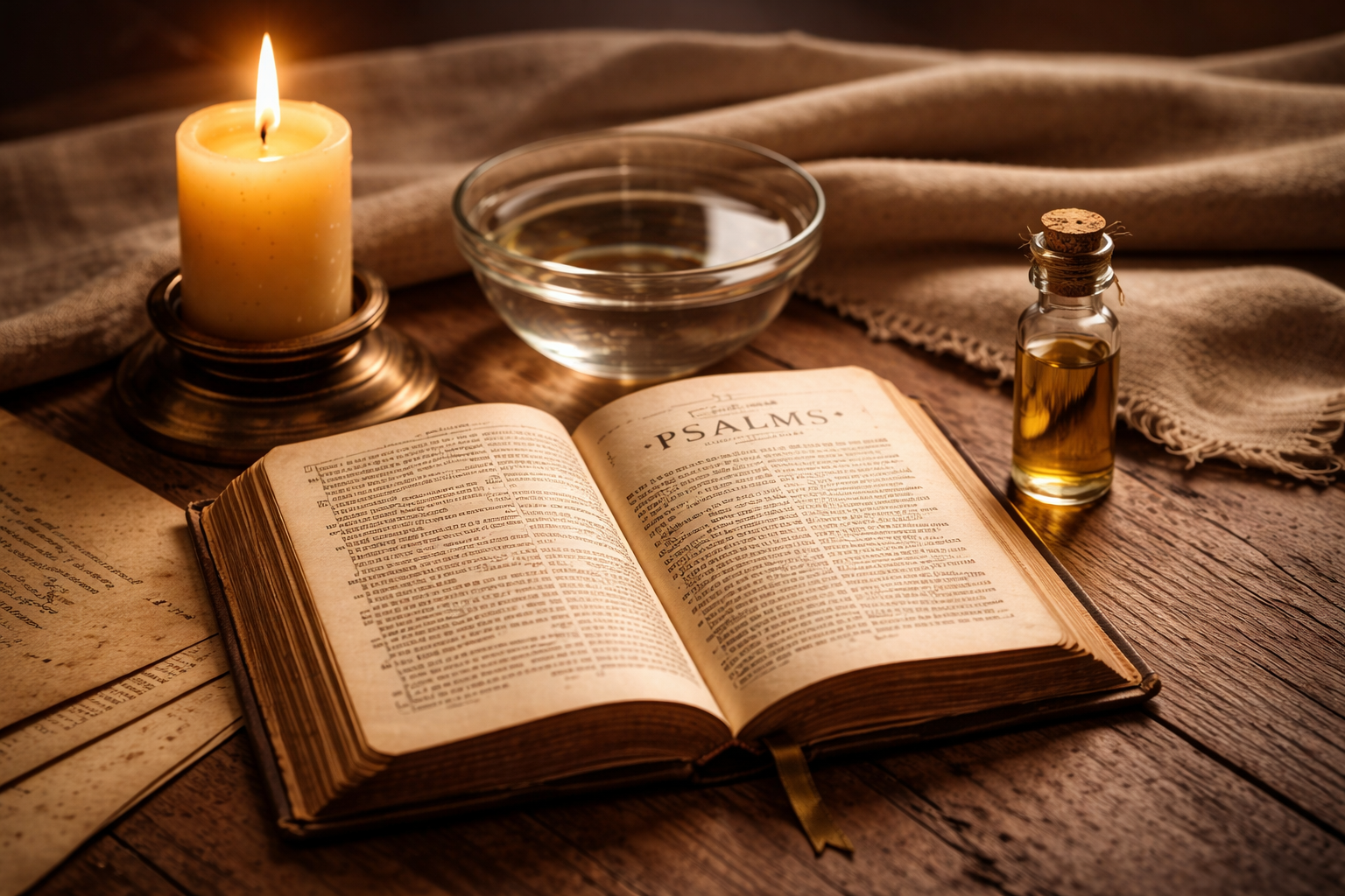 A refined sacred editorial still life for an article about praying the Psalms with candles, water, and oil. An open antique Book of Psalms rests on a wooden table beside a softly burning candle, a small clear glass bowl of water, and a delicate glass vial of anointing oil. Elegant linen cloth and subtle parchment accents surround the arrangement. Warm golden devotional light, soft shadows, reverent mystical atmosphere, grounded spiritual mood, premium and timeless composition, no people, no excessive occult symbols, no clutter, photorealistic, high detail, cinematic sacred still life.