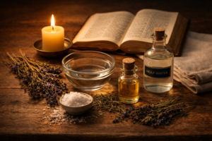 A refined sacred editorial still life for an article about traditional materials used with the Psalms. An open antique Book of Psalms rests on a wooden table surrounded by a softly burning candle, a small glass vial of anointing oil, a clear bowl of water, a few simple dried herbs, and a folded linen prayer cloth. The composition feels elegant, devotional, and grounded rather than theatrical. Warm golden light, soft shadows, premium timeless atmosphere, reverent mystical mood, no people, no excessive occult symbols, no clutter, photorealistic, high detail, cinematic sacred still life.