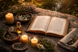 A refined sacred editorial still life for an article about building a simple Psalm prayer practice at home. An open antique Book of Psalms rests on a small wooden table in a quiet home prayer corner, beside a single softly burning candle, a clear glass of water, and a folded linen cloth. The composition is simple, uncluttered, reverent, and intimate, with warm golden light, gentle shadows, and a grounded mystical atmosphere. No people, no excessive ritual objects, no dramatic occult symbols, premium timeless spiritual aesthetic, photorealistic, high detail, calm and elegant devotional mood.