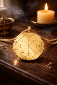 Second Pentacle of the Sun displayed as a physical golden Solomonic talisman in a refined ritual setting with warm solar light and ceremonial atmosphere.