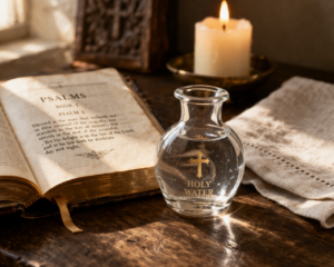 Holy water in a glass vessel beside an open Book of Psalms in a reverent Christian prayer setting