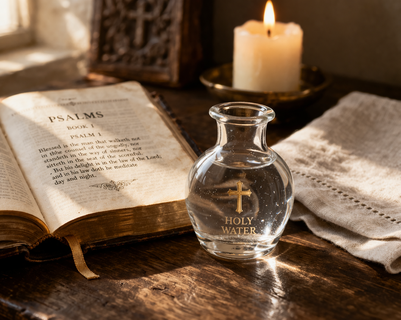 Holy water in a glass vessel beside an open Book of Psalms in a reverent Christian prayer setting