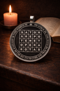 A refined sacred editorial still life of the Second Pentacle of Saturn, featuring a physical Solomonic talisman centered prominently on a dark wooden or stone altar surface. The pentacle clearly displays the famous SATOR Square (SATOR AREPO TENET OPERA ROTAS) with an engraved or inscribed ceremonial appearance, surrounded by sacred script in a restrained classical occult style. Atmosphere of Saturnian authority, hard boundaries, sacred order, and spiritual containment. Minimalist composition, low warm candlelight, deep shadows, subtle texture, elegant black or charcoal cloth, no clutter, no excessive occult props, no gothic chaos, no fantasy elements. Premium esoteric editorial photography, solemn, ancient, disciplined, contemplative, highly detailed, realistic.