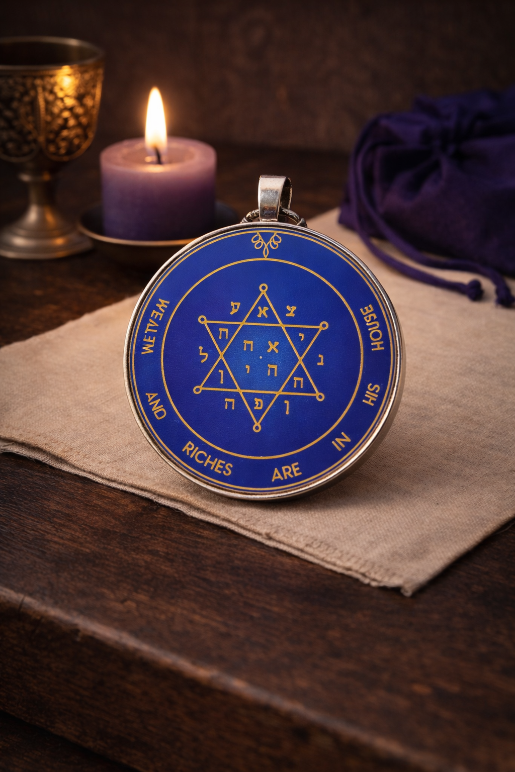 A refined sacred editorial still life of the Second Pentacle of Jupiter in physical talisman form, placed on a clean dark wooden altar or linen cloth, with a dignified Jupiterian atmosphere of prosperity, honor, and peace. Include subtle royal blue and deep purple accents, soft candlelight, a restrained sense of sacred abundance, and an elegant Solomonic devotional mood. No clutter, no fantasy excess, no gothic chaos, no cheap “money spell” aesthetic. Premium occult editorial photography, contemplative, noble, and minimal.