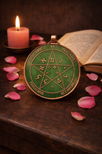 The Second Pentacle of Venus displayed in a refined devotional setting with candlelight, roses, and a classical Solomonic aesthetic.