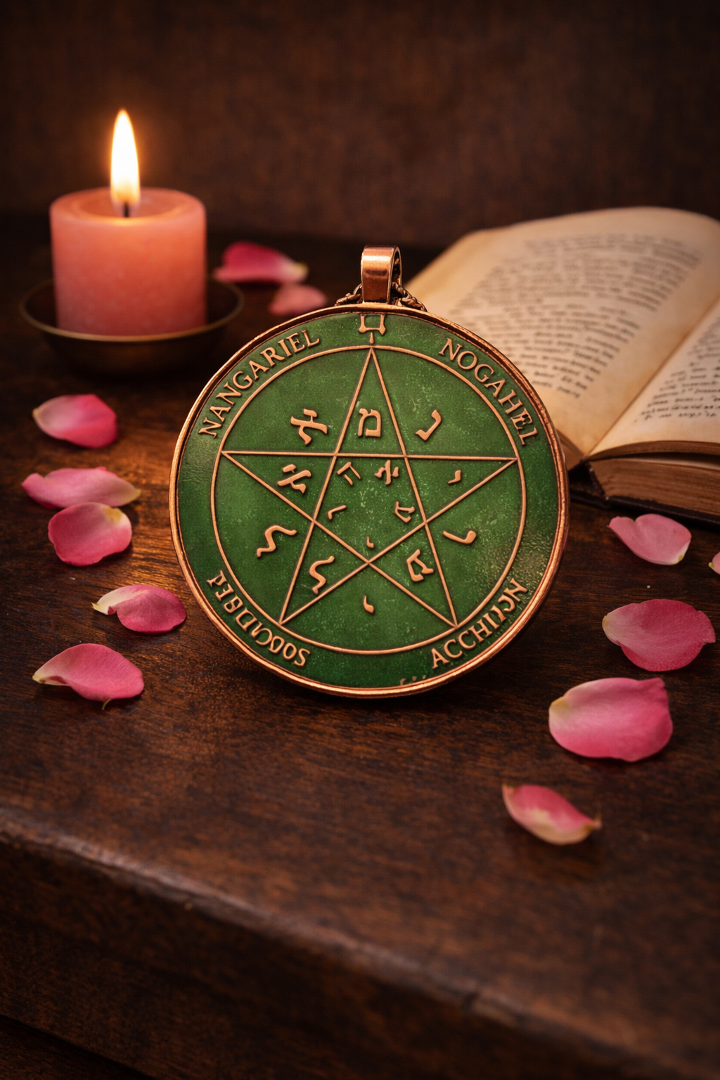 The Second Pentacle of Venus displayed in a refined devotional setting with candlelight, roses, and a classical Solomonic aesthetic.