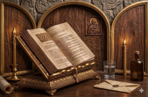 Open Book of Psalms with candle, water, parchment, and oil in a reverent prayer and spiritual practice setting