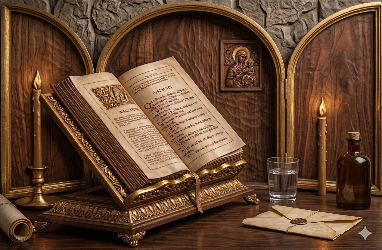 Open Book of Psalms with candle, water, parchment, and oil in a reverent prayer and spiritual practice setting