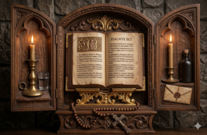 Open Book of Psalms with candle and parchment in a reverent setting for choosing a Psalm by intention