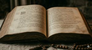 Open Book of Psalms with candlelight and water in a quiet devotional prayer setting