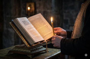 Open Book of Psalms turned to Psalm 91 beside a lit candle in a sacred protection prayer setting