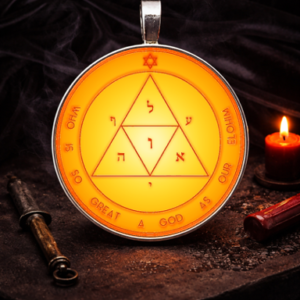 Third Pentacle of Mars talisman in a sacred ritual still life with red-gold Solomonic engraving, candlelight, iron tools, and a dark devotional altar representing protection against enemies and divine martial force.