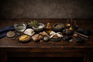 A premium sacred editorial still life representing the practical results and domains of Psalm work as a complete spiritual system, shown on one single large dark wooden or dark stone altar table, with all symbolic objects arranged together in one unified, highly structured composition. The image should represent the outcomes of Psalm use — not the Psalms themselves — through distinct symbolic ritual objects grouped in subtle visual clusters across the same table, each cluster suggesting a spiritual domain without labels, text, books, or candles. Include: a protective amulet or seal and small iron key for protection and spiritual defense; a clear glass bowl of blessed water, hyssop sprigs, sea salt, and a small white cloth for cleansing, uncrossing, and purification; a small glass vial of healing oil, a folded linen bandage, and a polished mortar stone with dried herbs for healing, restoration, and recovery; a small dish with a few gold coins, wheat grains, and a simple closed pouch for prosperity, provision, and increase; a folded neutral linen sleep cloth or pillow cloth, chamomile or lavender bundle, and a smooth calming stone for peace, sleep, and relief from fear; two intertwined rings or two small objects placed in balanced symmetry with a tied silk ribbon for love, reconciliation, and restoring harmony; a small balanced scale weight, a sealed cord bundle, and a reflective dark mirror shard turned downward for justice, enemies, and spiritual reversal; a protective boundary cord, iron nail, black salt dish, and a closed binding token for judgment, cursing, and sacred boundaries; a compass, old travel token, and small key or protective travel charm for travel, watchfulness, and safe passage; and a small house-shaped charm, olive branch, and protective household talisman for blessing and household protection. Everything must be placed on the same single altar table, unified into one coherent composition, not multiple altars. No books, no psalter, no readable text, no Hebrew, no labels, no candles, no flames, no smoke, no people, no hands, no fantasy excess, no clutter. The arrangement should feel intentional, classified, spiritually intelligent, reverent, and elegant — like a sacred visual taxonomy of devotional results. Dark neutral tones, muted earth colors, soft gold highlights, premium editorial photography, mystical but disciplined, minimal yet richly symbolic, timeless, museum-quality, ultra realistic, soft directional light, subtle shadows.