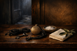 A premium sacred editorial still life representing the physical result of protective Psalms against adversities of all kinds, without any books or written text. On a single dark wooden altar table, create a refined, minimal composition centered on a protective amulet or sealed talisman, a small iron key, and a neatly tied protective cord, symbolizing spiritual defense, divine shelter, and guarded boundaries. Include a small dish of coarse salt or black salt for sacred protection, a folded clean white linen cloth representing preserved purity, and a subtle olive or laurel branch suggesting peace after danger. The atmosphere should show that adversity exists but has been kept outside: in the soft background, suggest a darkened doorway or window, faint stormy shadows, or cool distant gloom beyond the protected space, while the altar itself remains warm, calm, and untouched in soft golden light. No book, no Bible, no Psalter, no candles, no flames, no smoke, no people, no hands, no text, no crosses, no sensational occult clichés, no demonic imagery, no fantasy excess. The image must feel like protection has already taken effect — safe passage through danger, spiritual covering, invisible defense, and quiet refuge. Dark neutral tones, muted earth colors, subtle gold highlights, museum-quality sacred editorial photography, ultra realistic, timeless, elegant, cinematic, richly textured, luxury spiritual blog aesthetic.