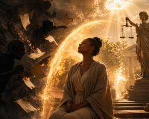 Person surrounded by protective light symbolizing divine justice, spiritual reversal, and freedom from hostile influences after prayer with the Psalms