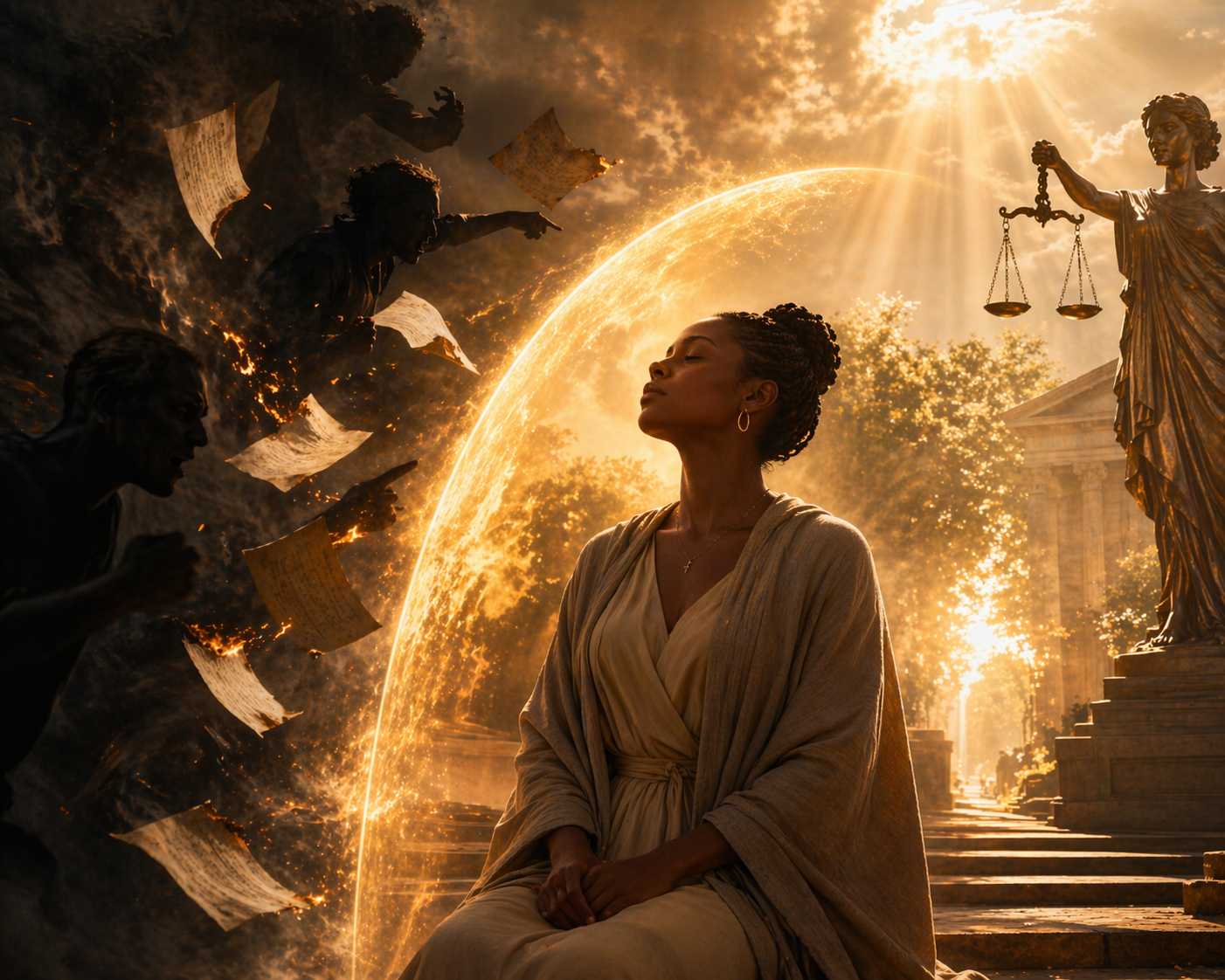 Person surrounded by protective light symbolizing divine justice, spiritual reversal, and freedom from hostile influences after prayer with the Psalms