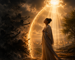 Person standing within protective light as hostile forces stop at a sacred boundary, symbolizing divine judgment, spiritual restraint, and the imprecatory Psalms