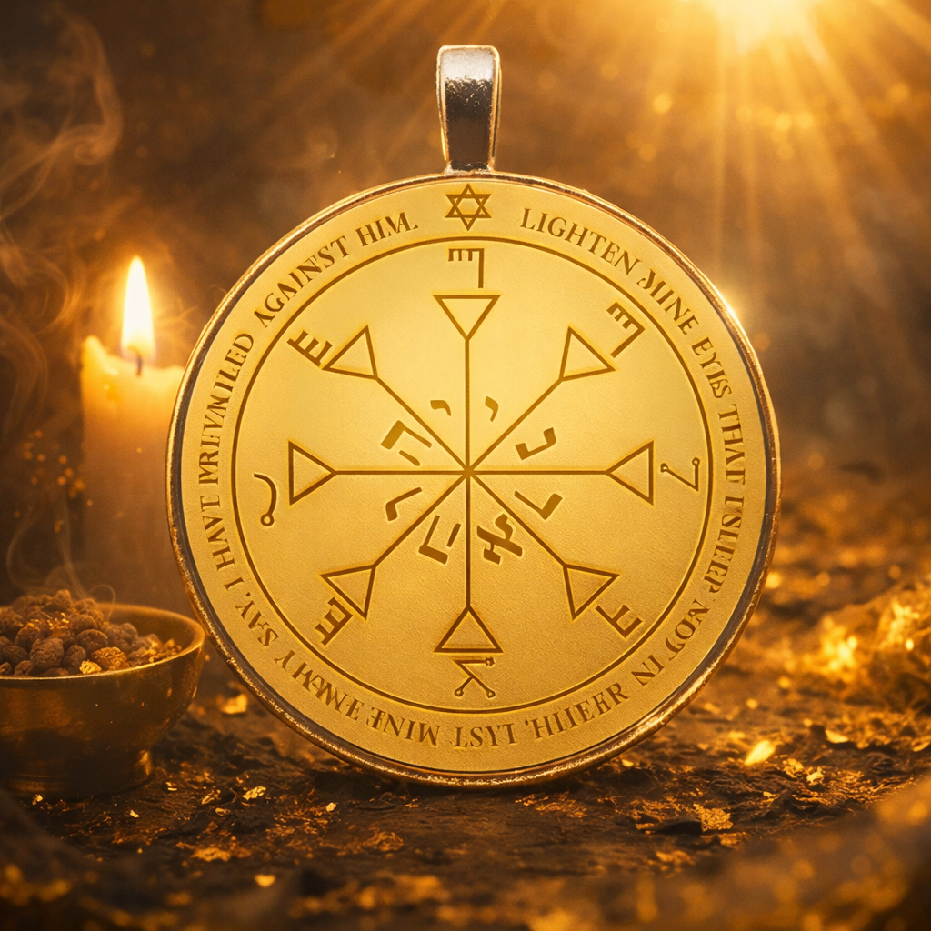 Fourth Pentacle of the Sun talisman in a sacred editorial still life with candlelight and warm golden illumination, symbolizing renewed strength, restored clarity, and Solar resilience under pressure.