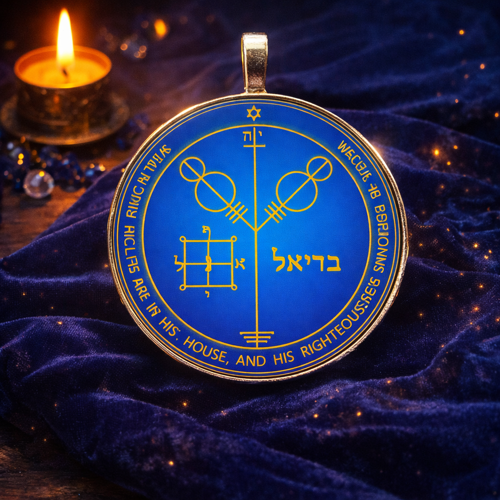 Fourth Pentacle of Jupiter shown as a golden Solomonic talisman on royal blue velvet with candlelight, symbolizing exalted Jovial blessing, honors, and dignified prosperity.