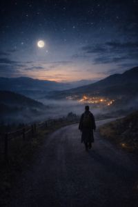 Traveler walking safely along a mountain road at twilight under a calm sky, symbolizing Psalm prayer for travel protection, watchfulness, and safe passage.