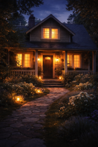 Peaceful family home at night glowing with warm light and surrounded by a subtle protective spiritual atmosphere, symbolizing home blessing, household peace, and Psalm-based protection