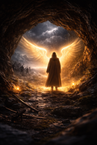 A calm figure sheltered in a golden cave sanctuary while storms and enemy shadows rage outside, symbolizing the protective and refining power of the Michtam or Golden Psalms.