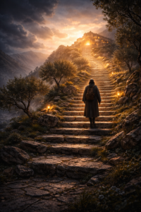 A pilgrim ascending ancient stone steps toward a radiant holy sanctuary above, symbolizing the spiritual ascent, blessing, and sacred progression of the Songs of Ascents