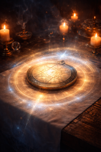 A consecrated Solomonic pentacle on a candlelit altar surrounded by expanding fields of sacred light, symbolizing the deeper spiritual power of the full Psalm beyond the inscribed verse.