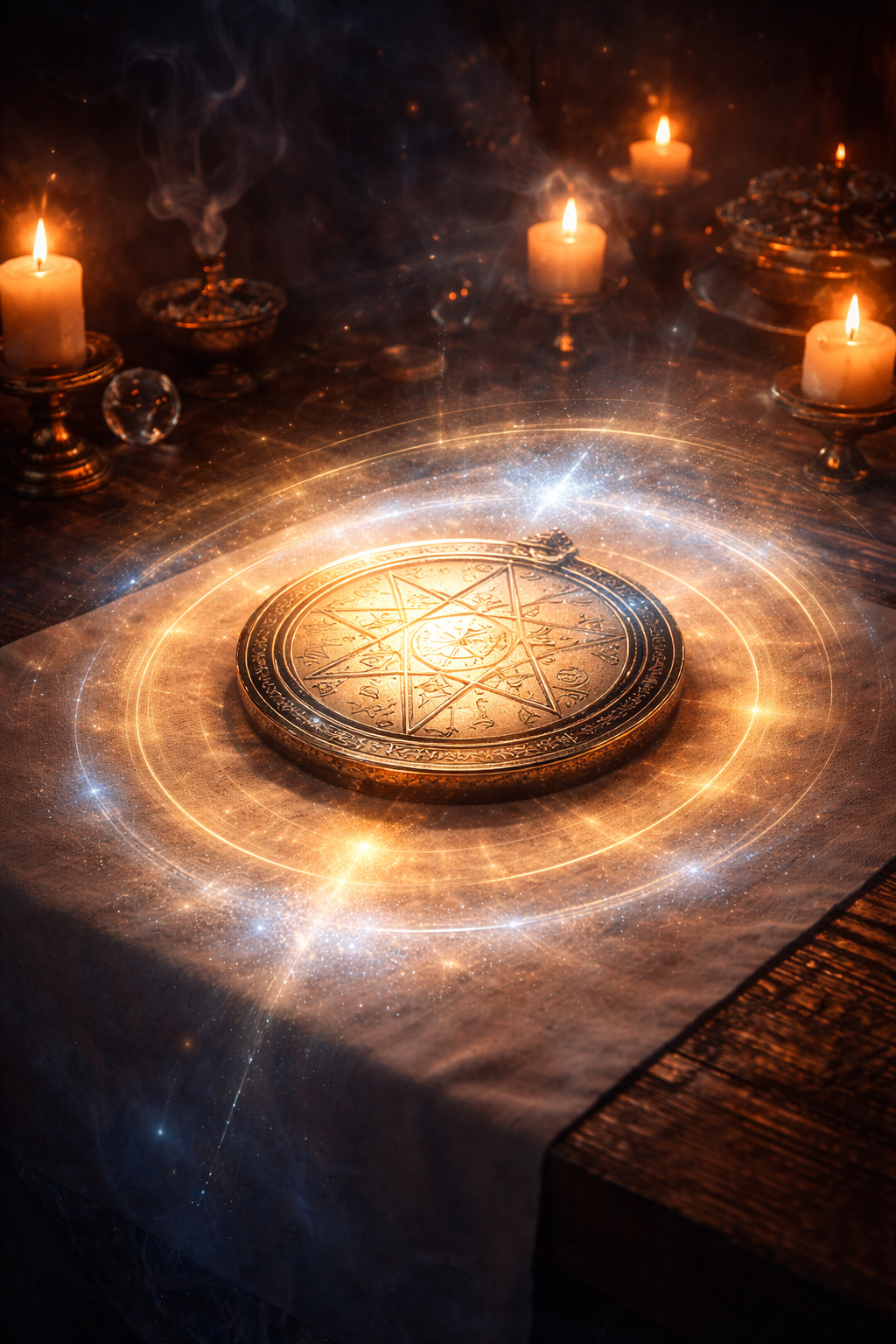 A consecrated Solomonic pentacle on a candlelit altar surrounded by expanding fields of sacred light, symbolizing the deeper spiritual power of the full Psalm beyond the inscribed verse.