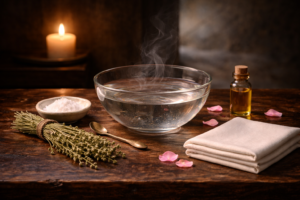 Psalm bath and spiritual cleansing setup with hyssop, salt, blessed water, white linen cloth, rose petals, and candle on a dark altar table
