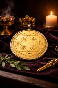 Third Pentacle of the Sun displayed as a regal golden Solomonic talisman on a ceremonial altar with warm candlelight, symbolizing solar sovereignty, glory, and divine authority.