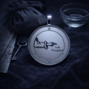 Physical Third Pentacle of the Moon talisman displayed on a dark altar cloth with travel and protection symbolism in moonlit blue-silver lighting
