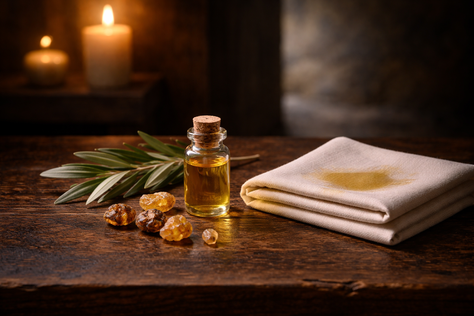 Sacred anointing oil for Psalm prayer with olive leaves, frankincense, myrrh, and white linen on a dark devotional altar