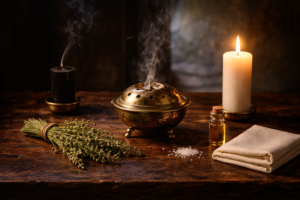 A premium sacred editorial still life representing the spiritual results of cleansing, uncrossing, and purification through the Psalms, with no books, no written text, and no visible scripture. On a dark wooden altar table, create a refined and minimal composition centered on a clear glass bowl of luminous water, a small bundle of fresh hyssop, a white linen cloth, a few grains of coarse salt, and a simple anointing oil vial. Show subtle signs of spiritual release and restoration: a faint veil of dark smoke dispersing upward, a soft golden light emerging around the water, and an atmosphere of peace, clarity, and sacred renewal. Include one extinguished black candle and one gently glowing white candle to symbolize the transition from heaviness into purification. Luxurious chiaroscuro lighting, deep shadows, elegant composition, realistic textures, reverent mystical mood, no human figures, no books, no labels, no text, premium spiritual editorial photography.