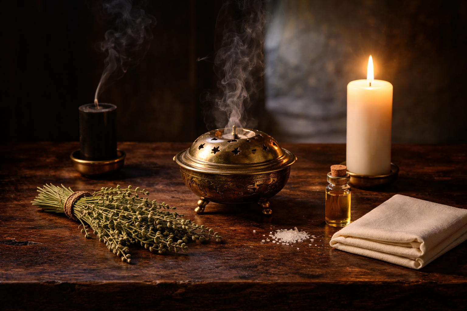 A premium sacred editorial still life representing the spiritual results of cleansing, uncrossing, and purification through the Psalms, with no books, no written text, and no visible scripture. On a dark wooden altar table, create a refined and minimal composition centered on a clear glass bowl of luminous water, a small bundle of fresh hyssop, a white linen cloth, a few grains of coarse salt, and a simple anointing oil vial. Show subtle signs of spiritual release and restoration: a faint veil of dark smoke dispersing upward, a soft golden light emerging around the water, and an atmosphere of peace, clarity, and sacred renewal. Include one extinguished black candle and one gently glowing white candle to symbolize the transition from heaviness into purification. Luxurious chiaroscuro lighting, deep shadows, elegant composition, realistic textures, reverent mystical mood, no human figures, no books, no labels, no text, premium spiritual editorial photography.