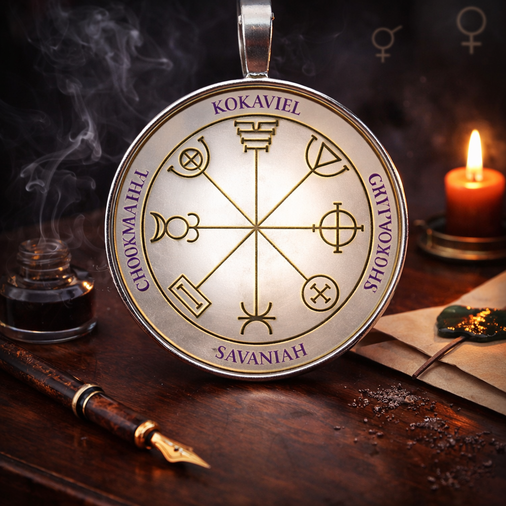 Third Pentacle of Mercury talisman in a sacred editorial still life with parchment, inkwell, fountain pen, and candlelight, symbolizing eloquent writing, clarity, and persuasive written communication.