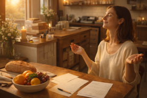 A peaceful home or small business space in warm golden light, showing signs of financial stability, fruitful work, and quiet prosperity after prayer, with a calm grateful person and subtle devotional accents in the background.