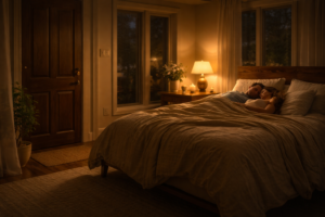 Peaceful home at night symbolizing safety, spiritual protection, and restful deliverance after prayer with the Psalms