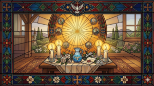 Stained glass-style folk-Catholic home altar with vigil candles, holy water, flowers, and a folded petition symbolizing Psalm prayer, saint devotion, protection, healing, and household peace.
