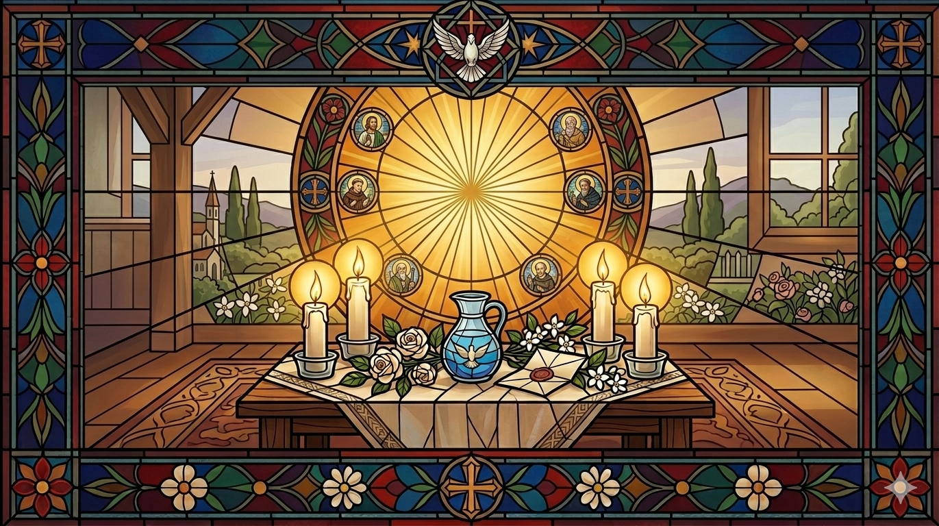 Stained glass-style folk-Catholic home altar with vigil candles, holy water, flowers, and a folded petition symbolizing Psalm prayer, saint devotion, protection, healing, and household peace.