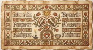 Pennsylvania Dutch Fraktur-style Christian folk blessing artwork inspired by Pow-Wow (Braucherei), with birds, floral motifs, a folded prayer paper, and symbolic household protection imagery on aged parchment.