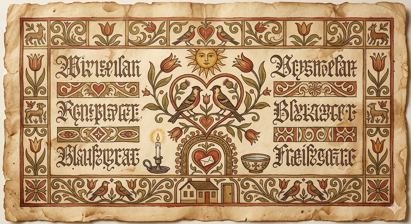 Pennsylvania Dutch Fraktur-style Christian folk blessing artwork inspired by Pow-Wow (Braucherei), with birds, floral motifs, a folded prayer paper, and symbolic household protection imagery on aged parchment.