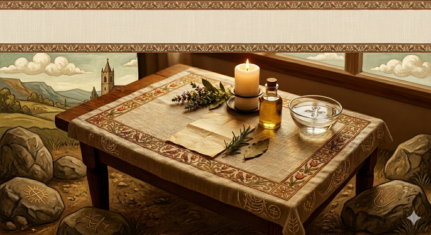 Christian folk Bible work altar with a white prayer candle, anointing oil, prayer water, herbs, and a folded petition in a peaceful protected home setting.