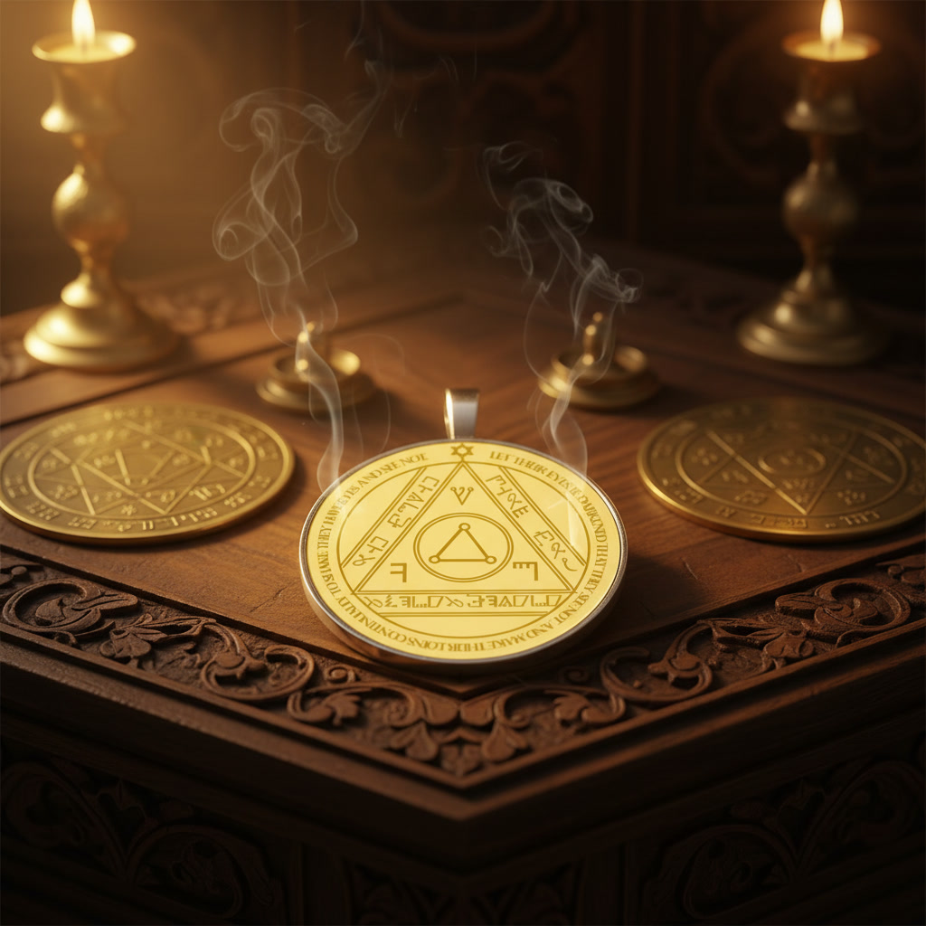 Sixth Pentacle of the Sun Solomonic talisman in gold on a ritual altar for protection against hostile influence, false witness, and slander