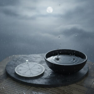 The Sixth Pentacle of the Moon displayed as a silver Solomonic talisman beside ritual water under moonlight, symbolizing rain, replenishment, and opened waters.