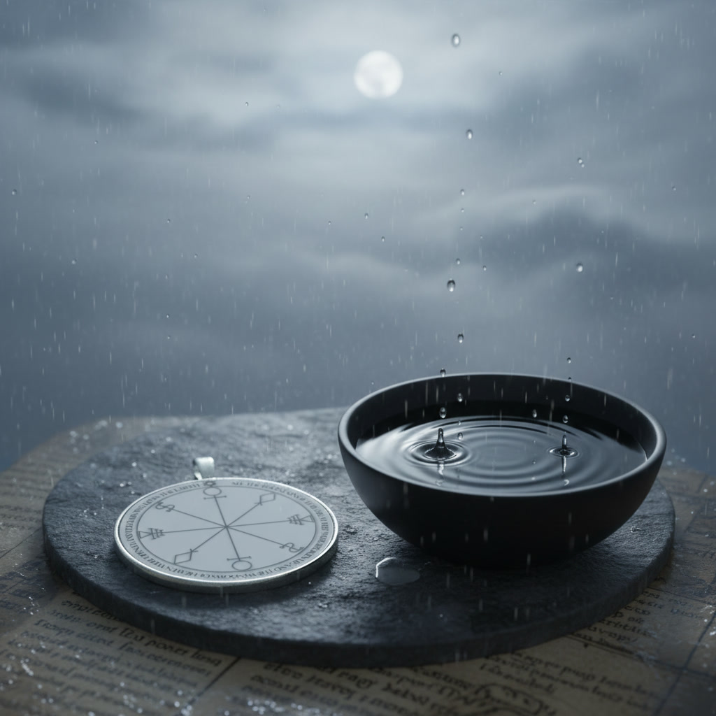 The Sixth Pentacle of the Moon displayed as a silver Solomonic talisman beside ritual water under moonlight, symbolizing rain, replenishment, and opened waters.