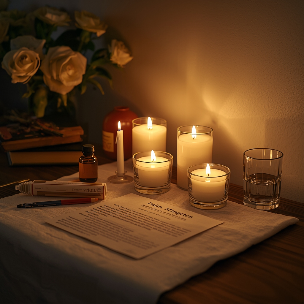 Prayer light altar with vigil candles, petition paper, devotional oil, and prayer water representing Psalm-based candle ministry for protection, healing, peace, and spiritual support.