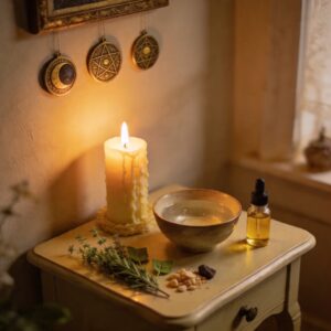 Peaceful Hoodoo-style Psalm prayer altar after spiritual cleansing and protection work, with a glowing candle, blessed water, anointing oil, herbs, and subtle Solomonic pentacles in a calm protected home.