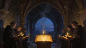 Medieval-style monks chanting from illuminated psalters by candlelight in a stone chapel before dawn, evoking the older monastic and liturgical life of the Psalms.