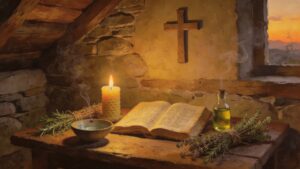 An old European folk-Christian household prayer table with an open Psalter, candle, water, oil, and herbs, representing Psalm prayer for healing and domestic protection.